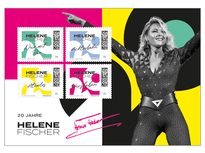 Vier bunte Briefmarken Helene Fischer, daneben B�hnenfoto, Text: 20 Jahre