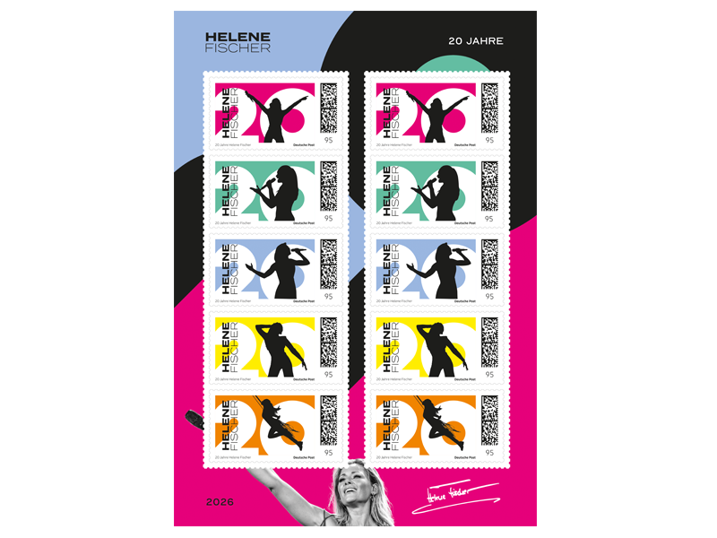 Zehn Briefmarken mit Silhouetten, 20 Jahre, bunte Grafik, unten Signatur