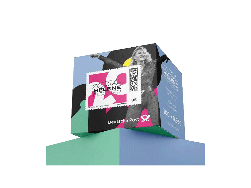 Rollenbox Helene Fischer - 20 Jahre mit Briefmarke, auf Podest.