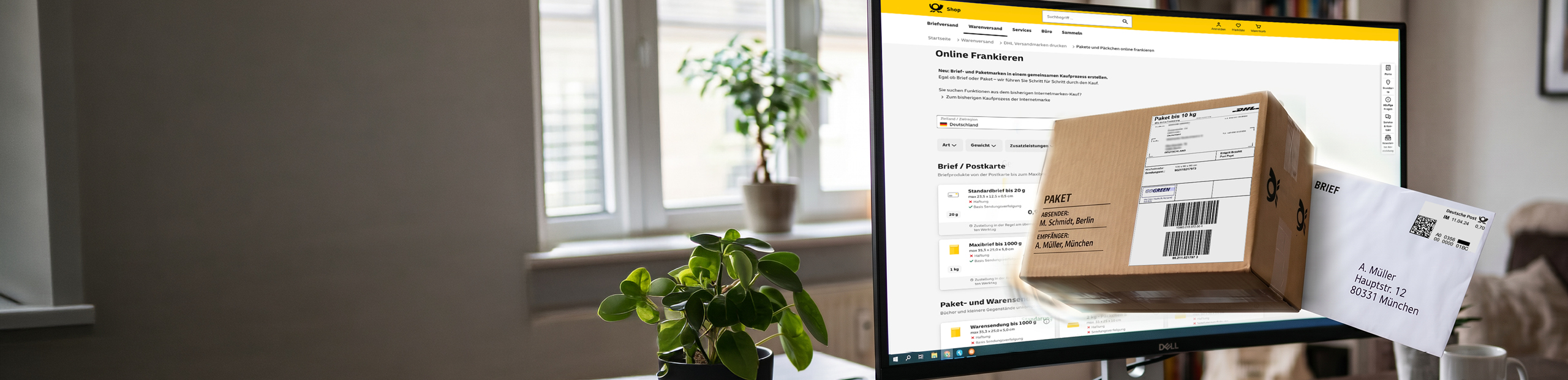 Darstellung Computer Bildschirm mit Paket und Brief