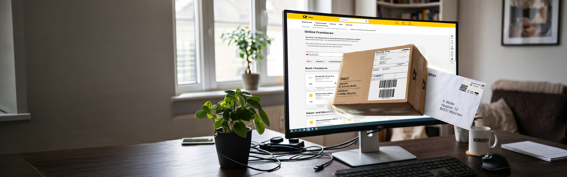Darstellung Computer Bildschirm mit Paket und Brief
