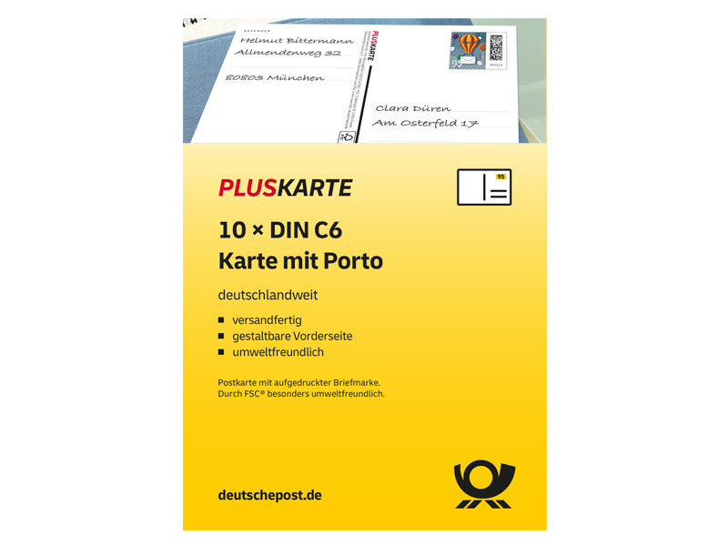 Pluskarte C6, 0,95 EUR, 10er-Set, mit Absenderfeld und Marke mit Matrixcode