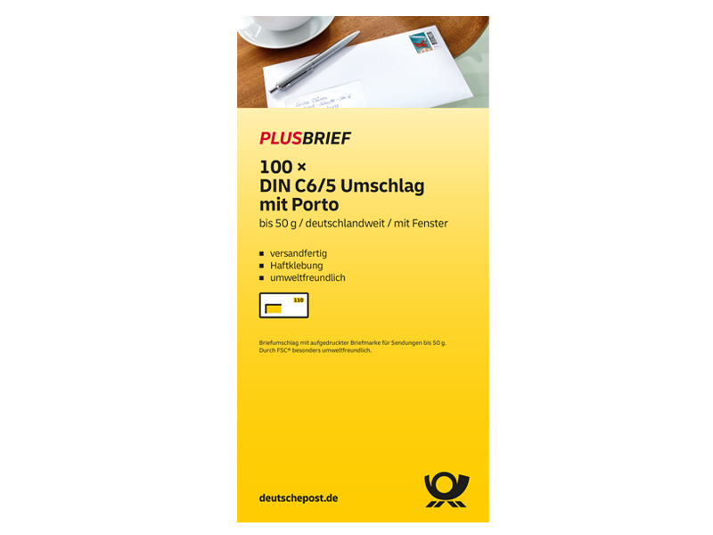 Plusbrief 1,10 EUR mit Matrixcode, DIN C6/5, haftklebend, mit Fenster, 100er-Karton