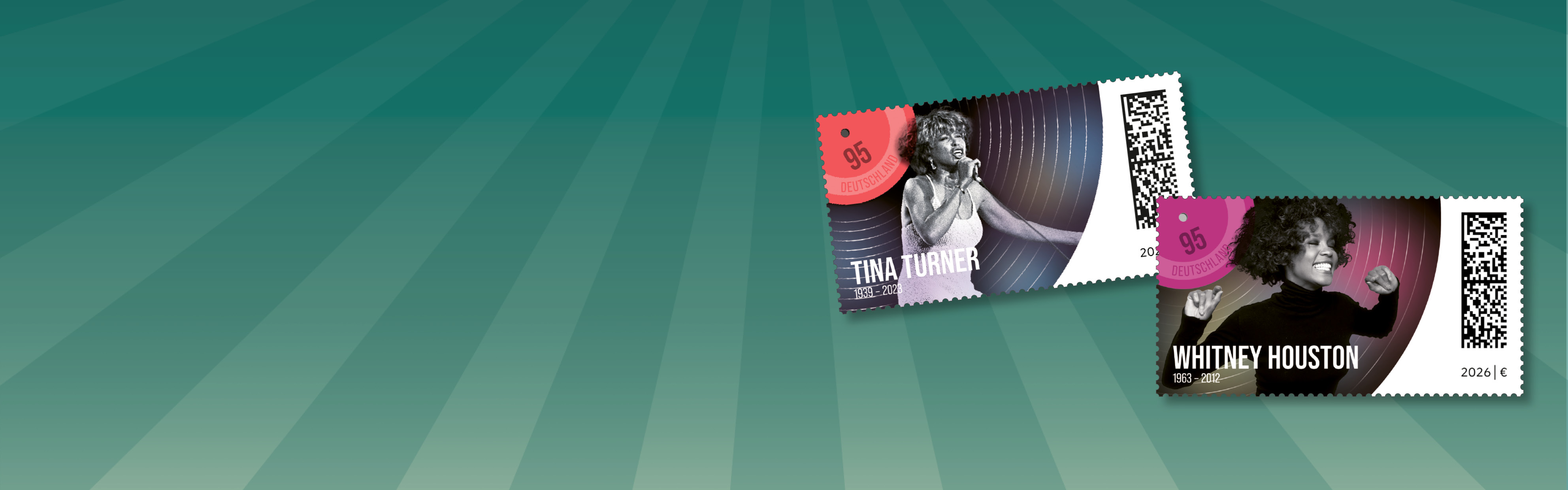 Zwei Briefmarken mit Bildern von Whitney Houston und Tina Turner