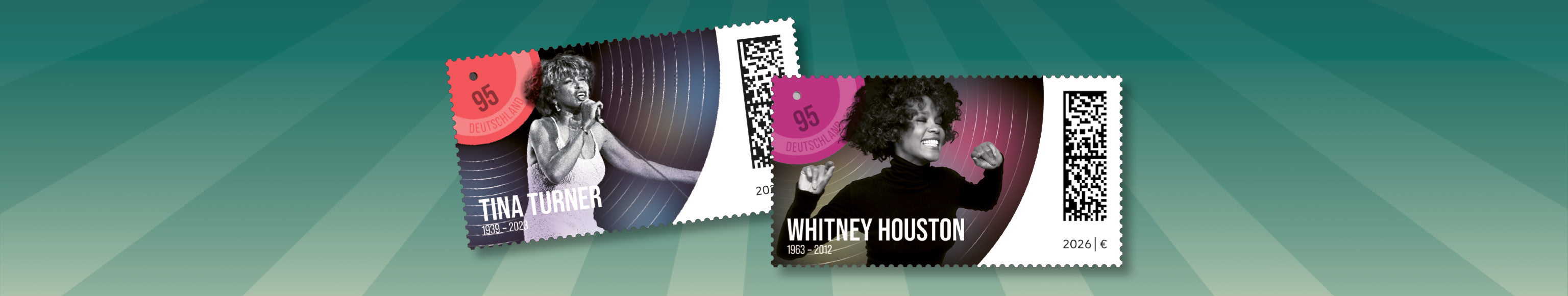 Zwei Briefmarken mit Bildern von Whitney Houston und Tina Turner