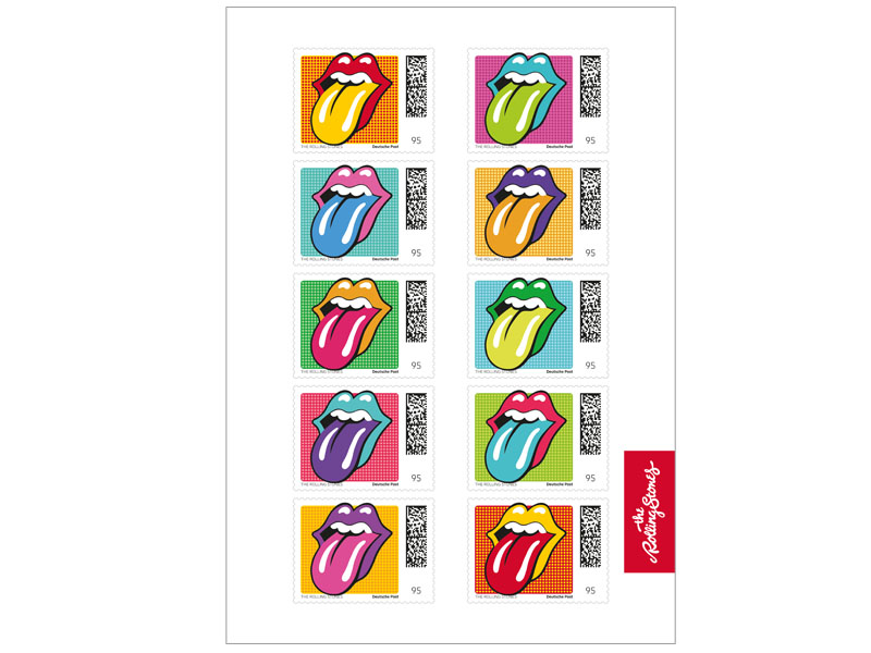 Ikonisches Zungenmotiv im Pop-Art-Stil, bunter, gepixelter Hintergrund