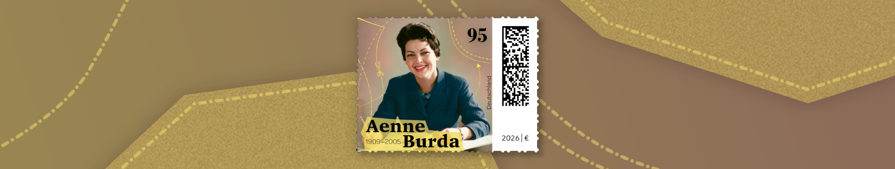 Briefmarke mit dem Gesicht von Aenne Burda und einem Schnittmuster