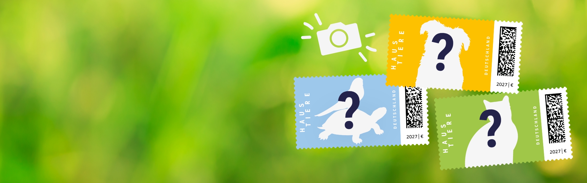 Grafik mit Tieren und Fragezeichen mit Hinweis auf Fotowettbewerb f�r Haustiere auf Briefmarke