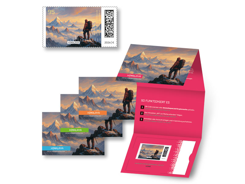 Krypto-Briefmarke mit Bergsteiger vor Himalaya-Panorama