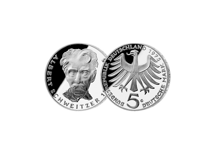 5 DM Mnze: "100. Geburtstag von Albert Schweitzer", 1975 (Stempelglanz)
