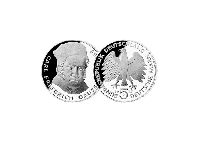 5 DM Mnze: "200. Geburtstag von Carl Friedrich Gau",  1977 (Stempelglanz)