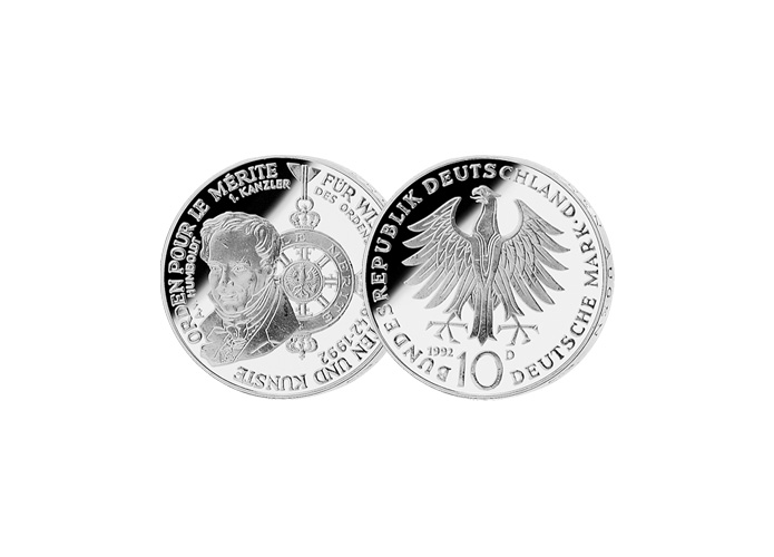 10 DM Münze: "Orden Pour le mérite für Wissenschaft und Künste", 1992 (Stempelglanz)