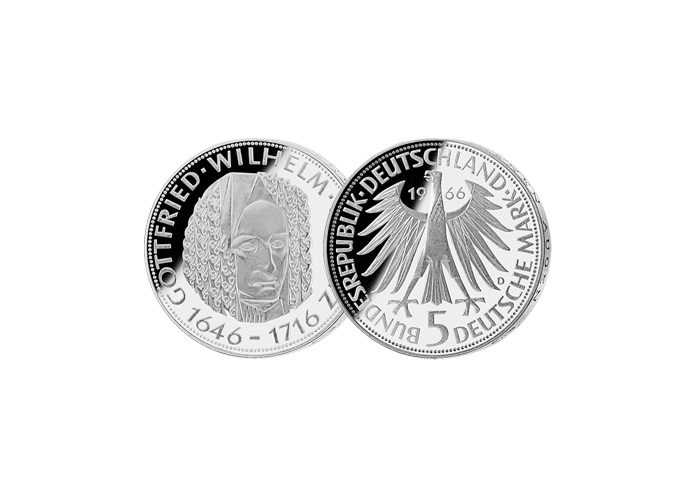 5 DM Mnze: "250. Todestag G. W. Leibniz", 1966 (Spiegelglanz)