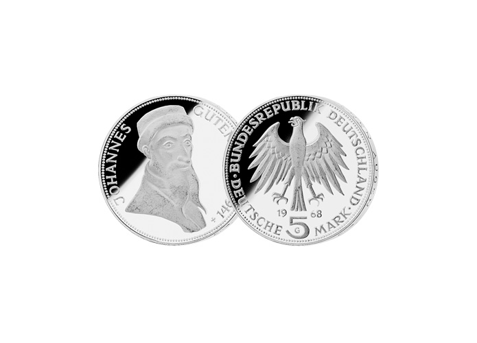 5 DM Mnze: "500. Todestag von Johannes Gutenberg", 1968 (Spiegelglanz)