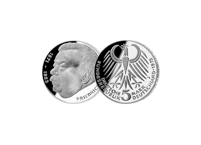 5 DM Mnze: "50. Todestag von Friedrich Ebert", 1975 (Spiegelglanz)