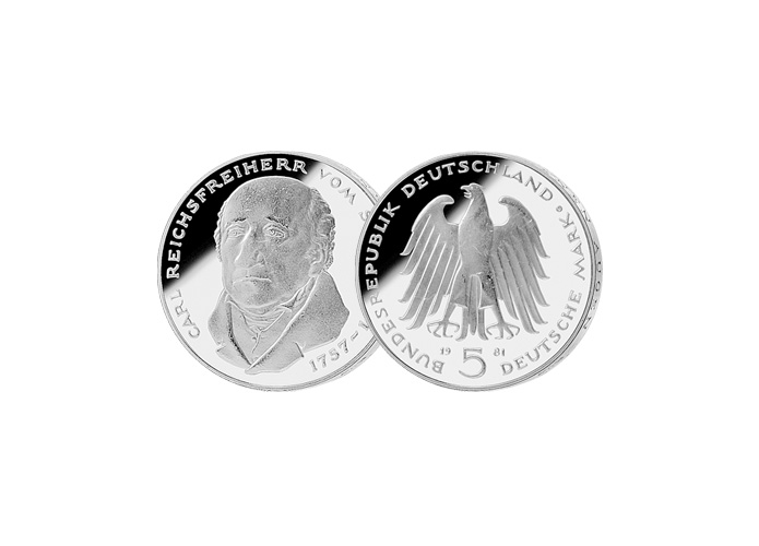 5 DM Mnze: "150. Todestag Carl Reichsfreiherr vom und zum Stein", 1981 (Spiegelglanz)