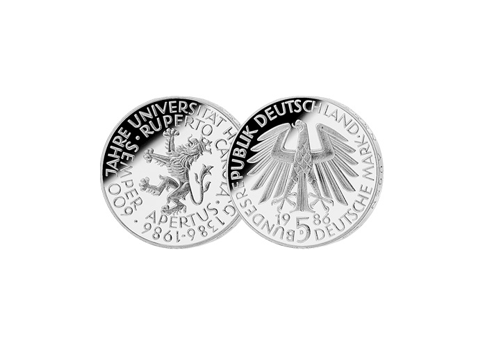 5 DM Mnze: "600-jhriges Bestehen der Ruprecht-Karls-Universitt Heidelberg", 1986 (Spiegelglanz)