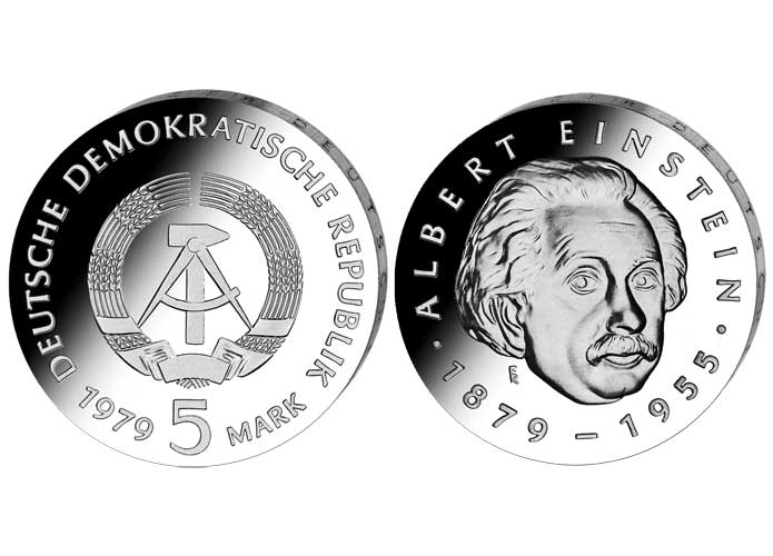 DDR Mnze: 5 Mark "100. Geburtstag Albert Einstein", 1979 (Vorzglich/Stempelglanz)