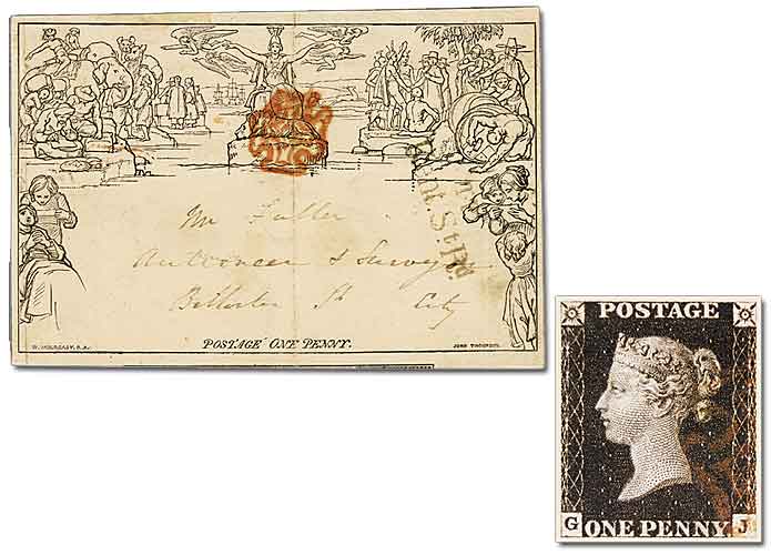 Grobritannien "Mulready-Ganzsache" und "One Penny Black", Komplett-Set