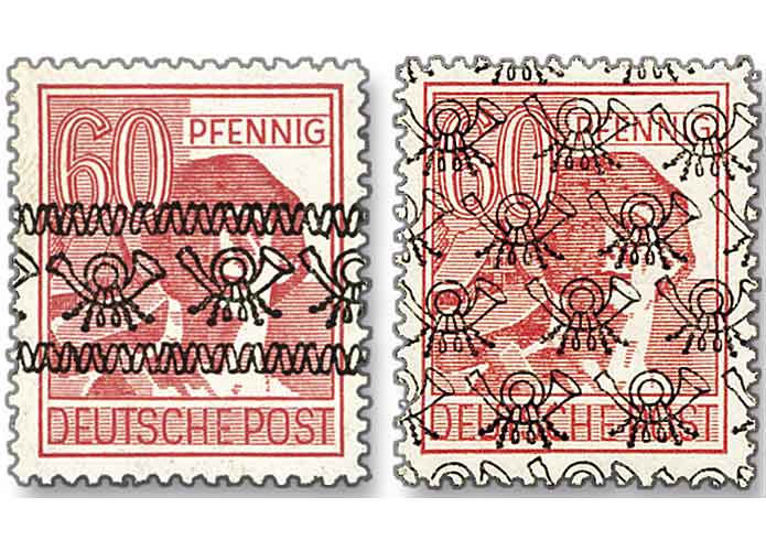 Alliierte Besatzung, Bizone "60-Pfennig-Freimarke (Die "helle 60"), mit Posthrnchen-Band- und Netz