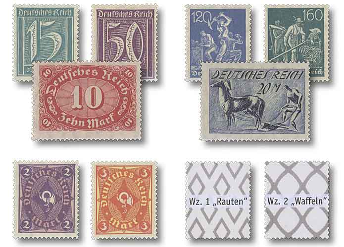 Deutsches Reich, Weimarer Republik Freimarken "Ziffern/Arbeiter/Posthorn I und II"